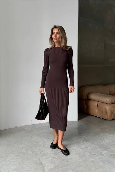 Autumn And Winter Women's Knitted Round Neck Sunken Stripe Pure Color Tight Dress Reddish Brown - Shop at LoveMi