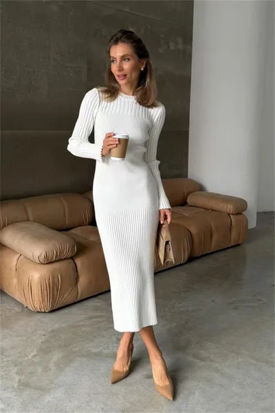 Autumn And Winter Women's Knitted Round Neck Sunken Stripe Pure Color Tight Dress White - Shop at LoveMi