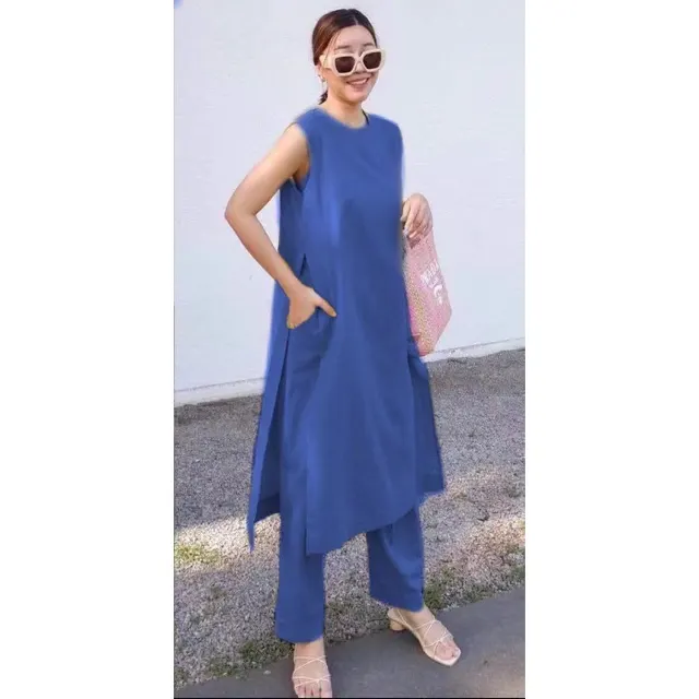 Split Pocket Casual Sleeveless Pants Pants Two piece Suit Blue - Shop at LoveMi