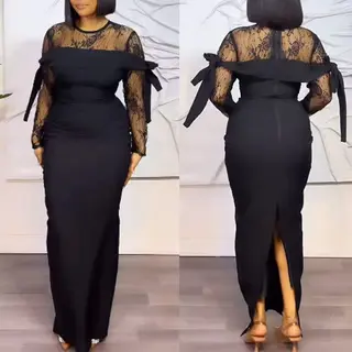 Round Neck Sexy Lace Stitching See-through Sheath Split Dress - Black