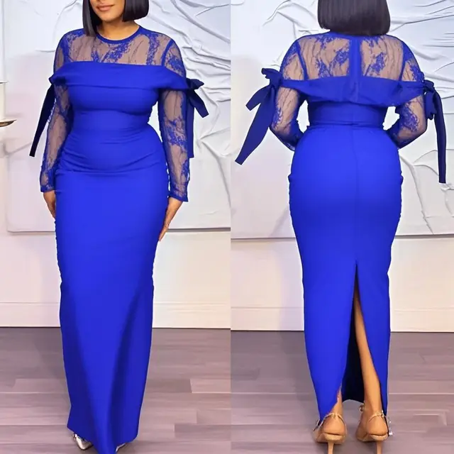 Round Neck Sexy Lace Stitching See through Sheath Split Dress Blue - Shop at LoveMi