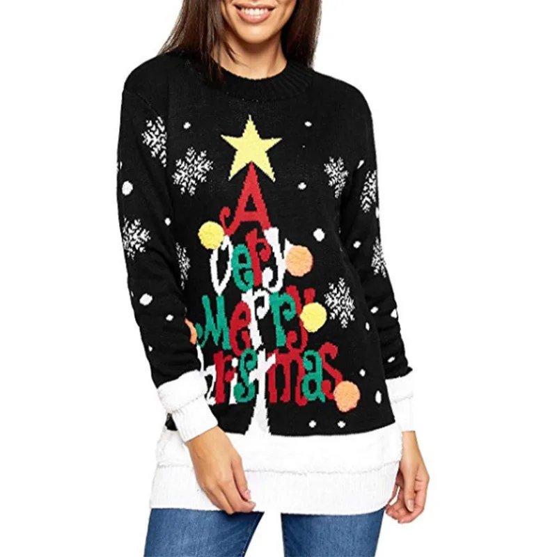 Women's Ugly Christmas Sweater, Letter Jacquard, Black - Shop at LoveMi