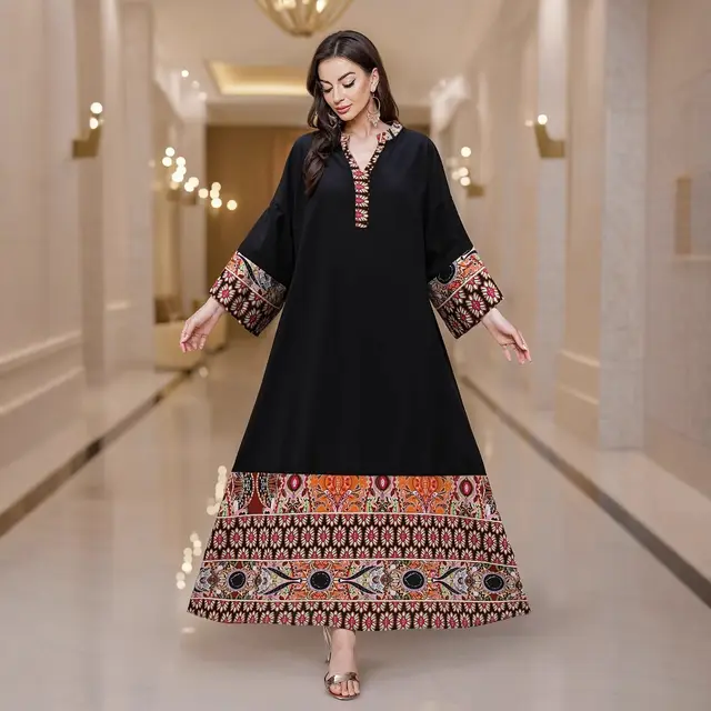 Middle East Contrast Color Large Size Dress Ethnic Style Black - Shop at LoveMi
