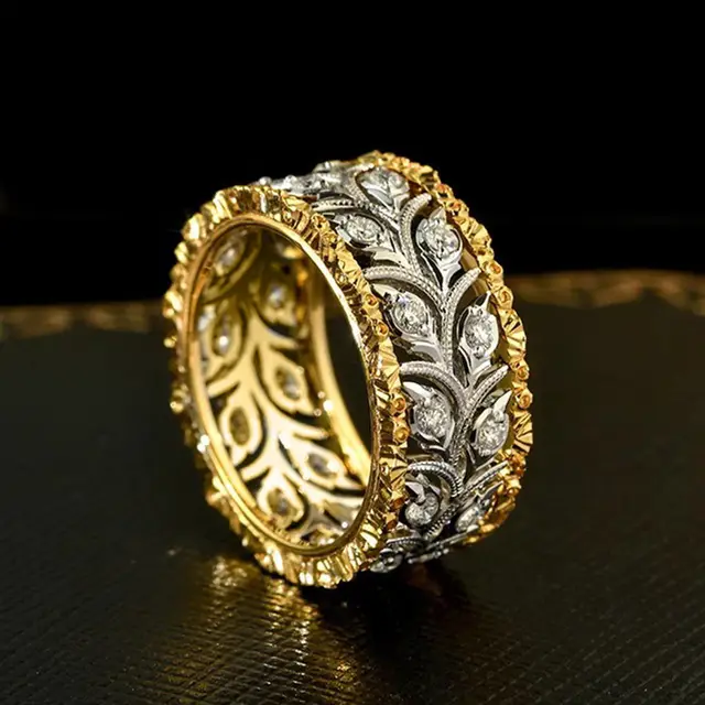 Two tone Ring Wheat Leaves Delicate Ornament Inlaid Zircon Elegant Gold And Silver - Shop at LoveMi
