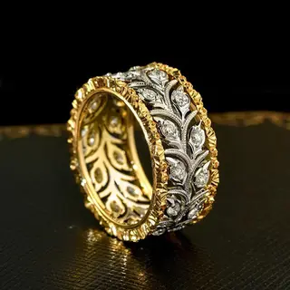 Two-tone Ring Wheat Leaves Delicate Ornament Inlaid Zircon Elegant - Gold And Silver