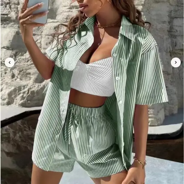 Casual Temperament Women's Striped Two piece Short Sleeve Shirt Outfit Fluorescent Green - Shop at LoveMi