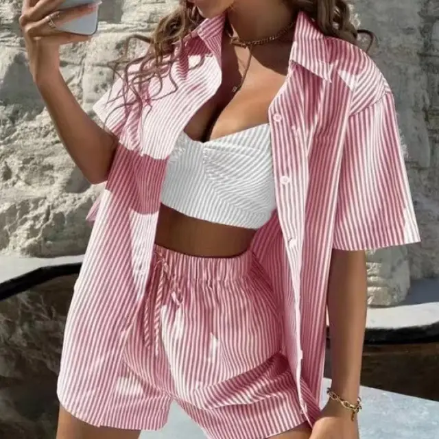 Casual Temperament Women's Striped Two piece Short Sleeve Shirt Outfit Pink - Shop at LoveMi