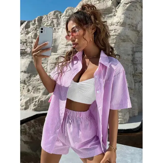 Casual Temperament Women's Striped Two piece Short Sleeve Shirt Outfit Purple - Shop at LoveMi