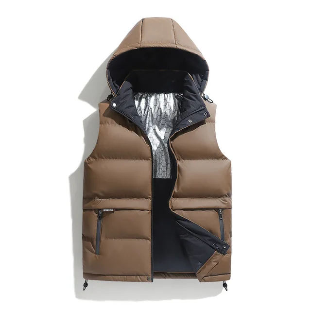 Men's FallWinter Warm Vest Hooded Loose Solid Color Coffee - Shop at LoveMi