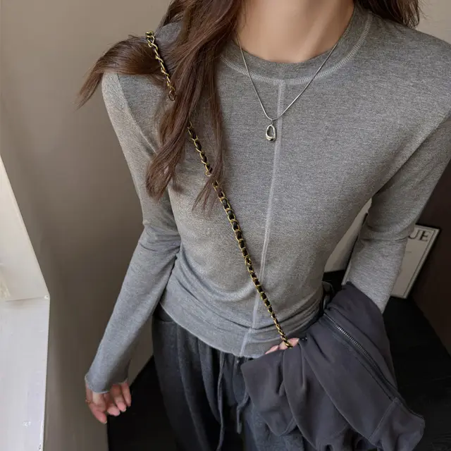 Early Autumn Modal Round Neck Design Bottoming Shirt Gray - Shop at LoveMi