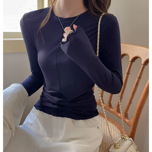 Early Autumn Modal Round Neck Design Bottoming Shirt Navy Blue - Shop at LoveMi
