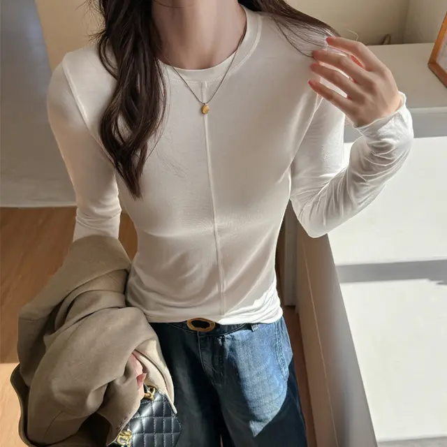 Early Autumn Modal Round Neck Design Bottoming Shirt White - Shop at LoveMi
