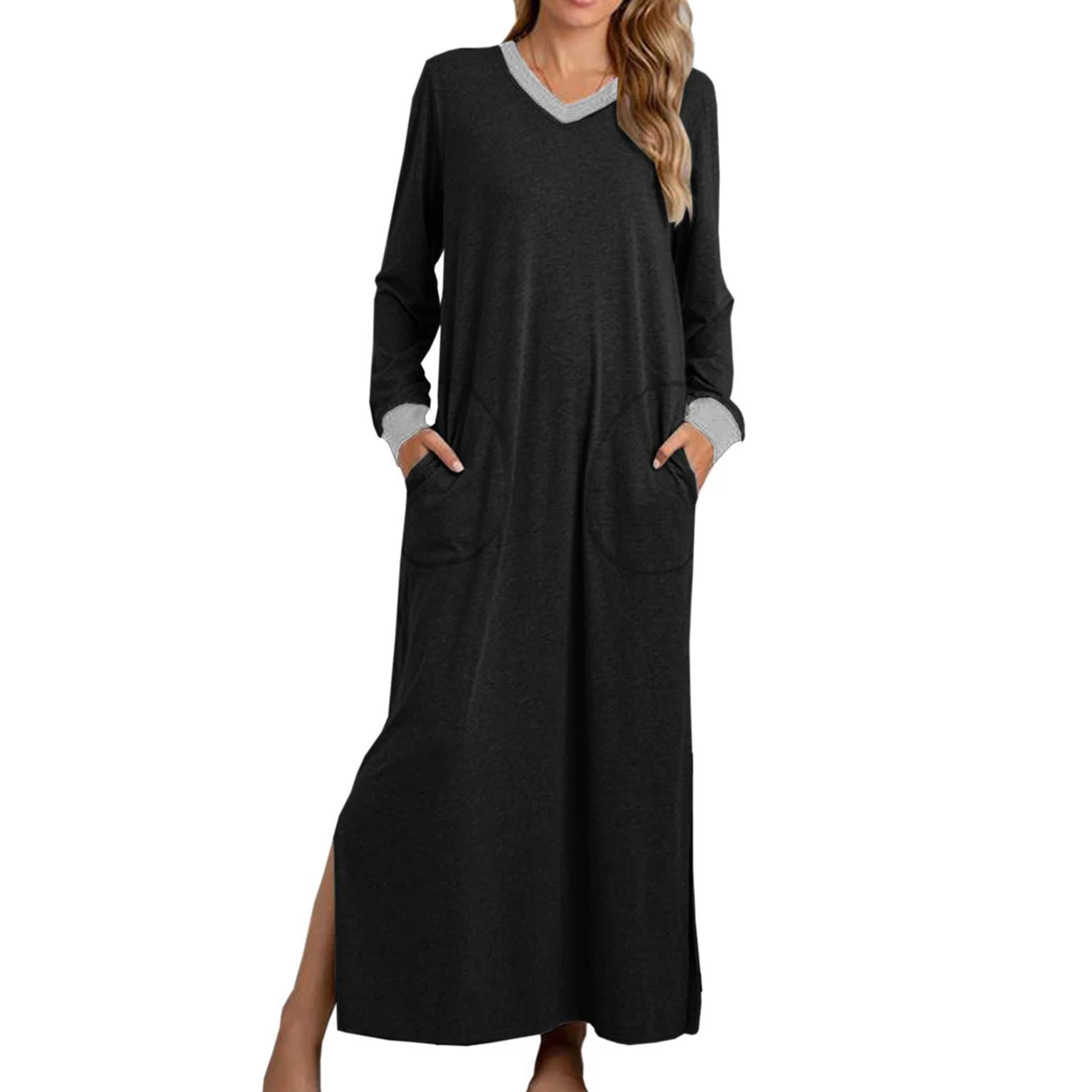 Women's V-neck Long Dress Contrast Color Pocket Pullover - Black