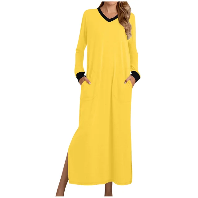 Women's V neck Long Dress Contrast Color Pocket Pullover Yellow - Shop at LoveMi