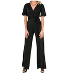Women's Casual Solid Color Short Sleeve Belt Jumpsuit - Black