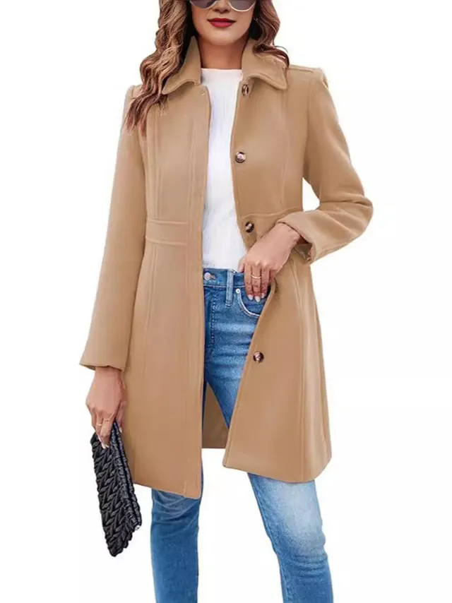 Women's Elegant Single breasted Long Sleeve Lapel Winter Coat Khaki - Shop at LoveMi