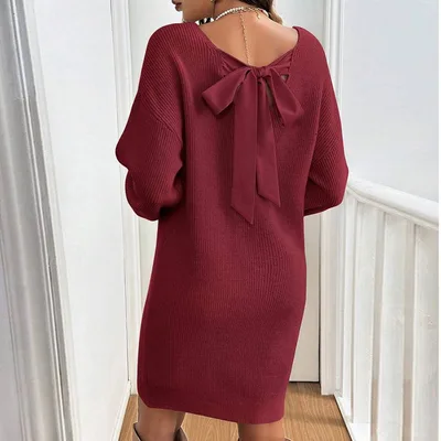 Loose Knitted V neck Bow Long Sleeve All matching Pullover Woolen Skirt Wine Red - Shop at LoveMi