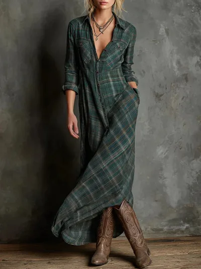 Casual Long Sleeve Lapel Plaid Long Dress Dark Green - Shop at LoveMi