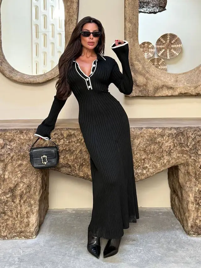 Women's Long sleeved Lapel Contrast Color Knitted Fallwinter Sweater Dress Black - Shop at LoveMi