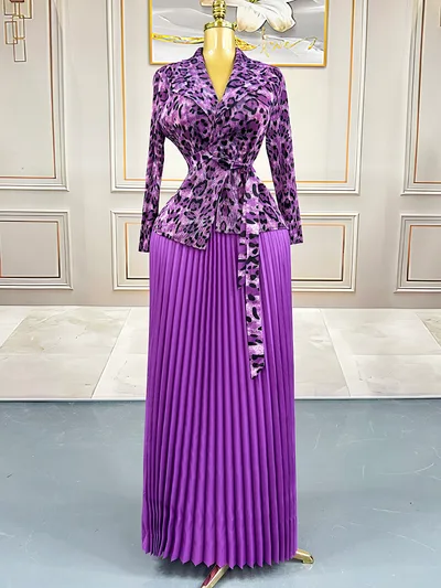 Plus Size Slightly Fat Women's Clothing Printed Long sleeved Top Pleated Skirt Purple - Shop at LoveMi