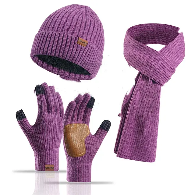 Winter Women's Wool Hat Scarf Gloves Plus Leather Non slip Three piece Set Deep Purple - Shop at LoveMi
