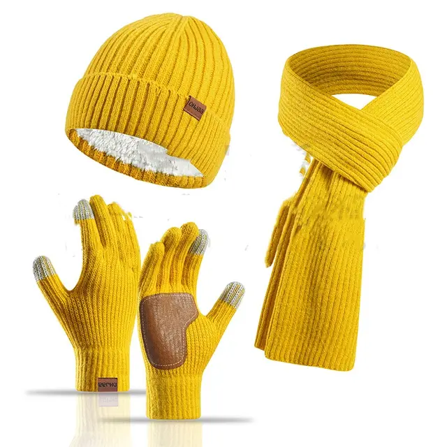 Winter Women's Wool Hat Scarf Gloves Plus Leather Non slip Three piece Set Mustard Yellow - Shop at LoveMi