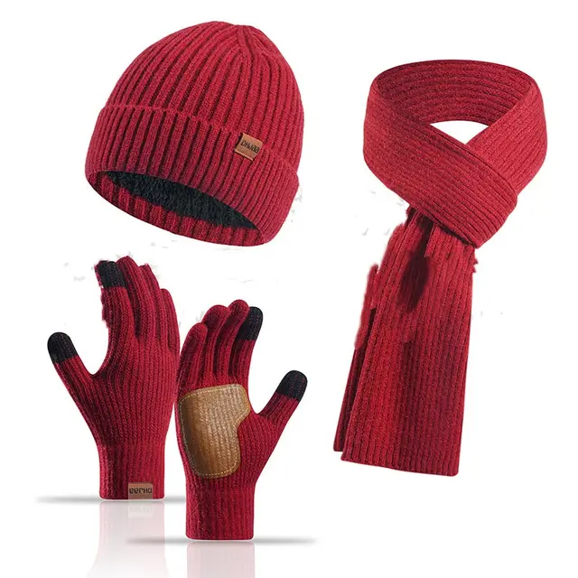 Winter Women's Wool Hat Scarf Gloves Plus Leather Non slip Three piece Set Wine Red - Shop at LoveMi