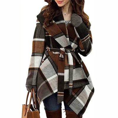 Lace up Plaid Color Matching Woolen Coat Mid length Trench Coat For Women Khaki - Shop at LoveMi
