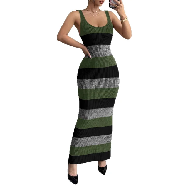 Striped Contrast Color Suspender U neck Dress Long Knitted Dress Green - Shop at LoveMi