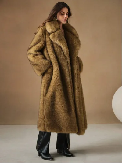 Women's Fall Winter Fashion Fluffy Long Imitation Fox Fur Jacket Yellow - Shop at LoveMi