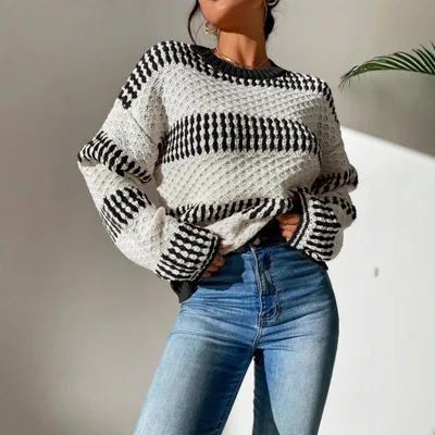 Contrast Color Drop Shoulder Round Neck Loose Casual Long Sleeves Sweater Black - Shop at LoveMi