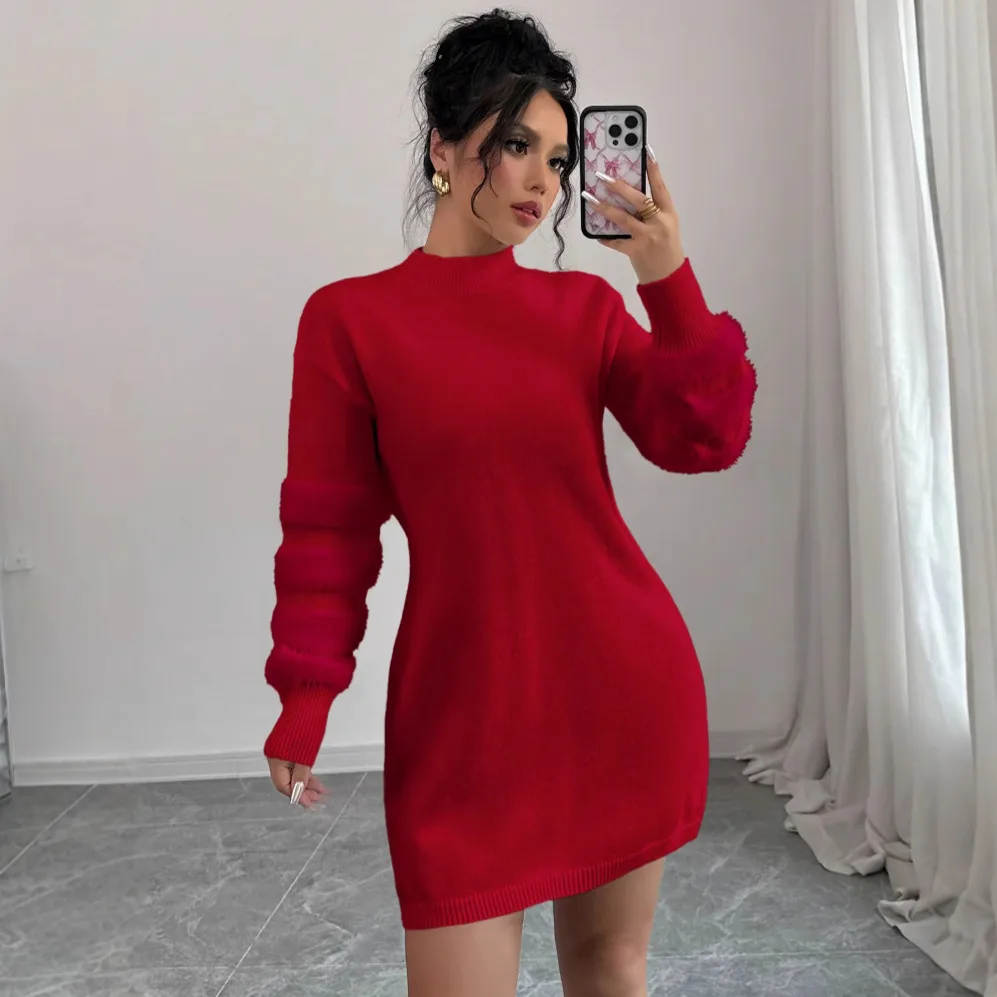 Solid Colour Knitted Long-sleeved Dress - Red - View 1