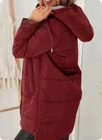 Women's Hooded Solid Color Pocket Long Cotton Jacket Coat - Red