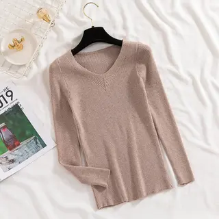 Women's Slim-fit Long-sleeved Pullover Skinny V-neck Sweater - Khaki