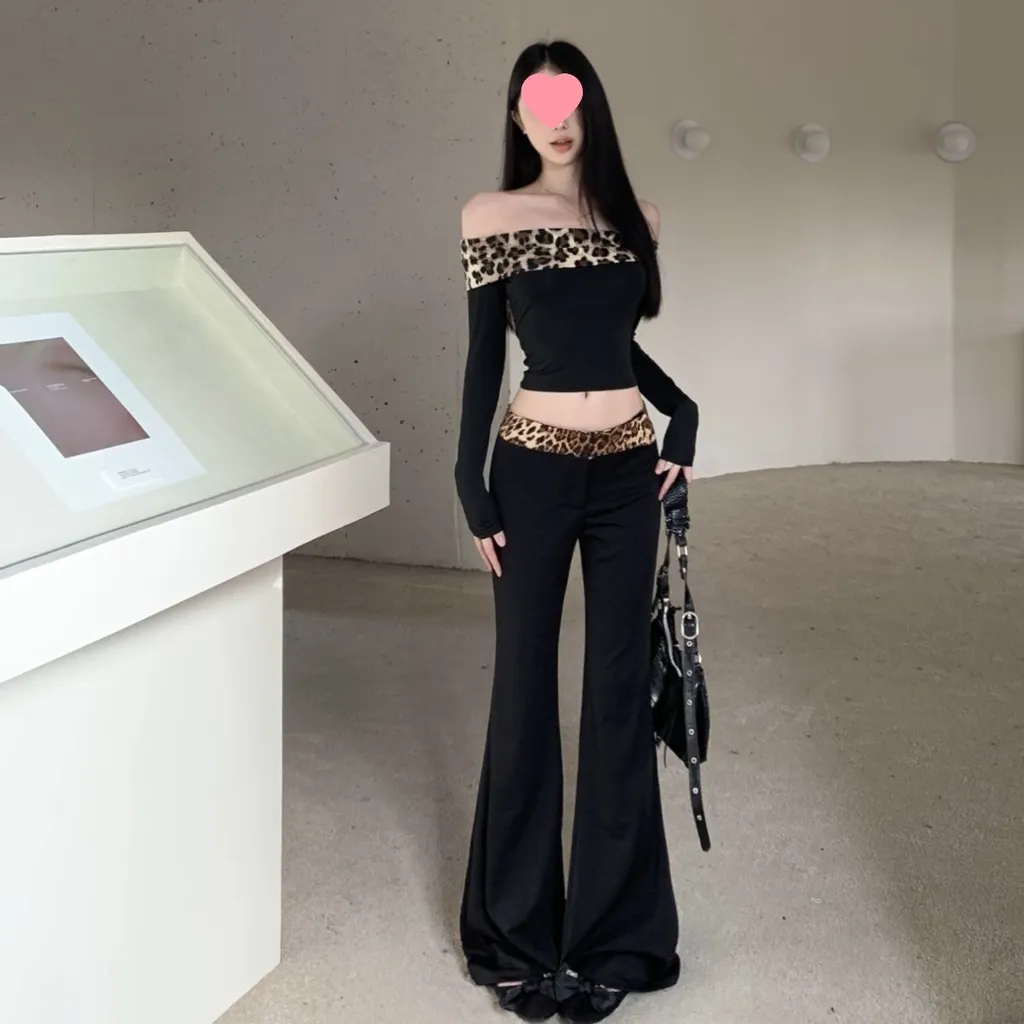 Off-shoulder Leopard Splicing Long Sleeve Autumn And Winter American Suit - Suit