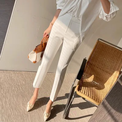 White Cropped Suit Pants High Waist Drooping Casual Beige Ninth - Shop at LoveMi