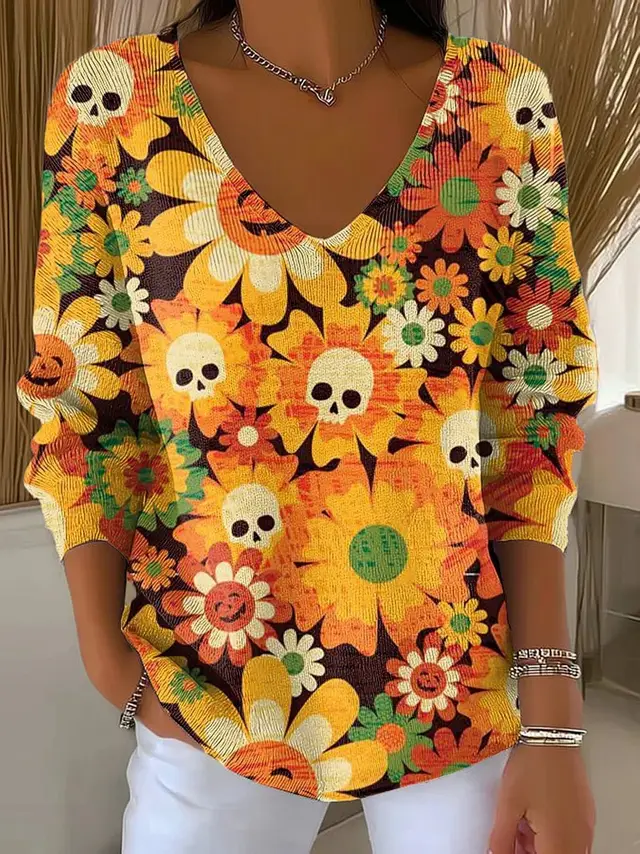 Women's Loose Skull Printed V neck Long sleeved T shirt Sh100206304 - Shop at LoveMi