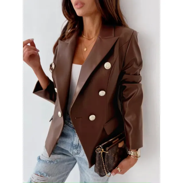 Long Sleeve Double Breasted Fashion PU Leather Suit Brown - Shop at LoveMi