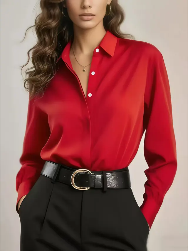 Women's Solid Color Loose Button Lapel Shirt Red - Shop at LoveMi