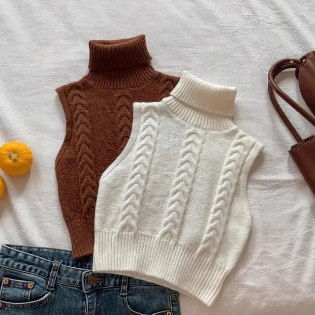 Europe And America Cross Border Spring And Autumn New Fashion Double sided Cable knit Turtleneck Sleeveless All matching Knitted Sweater Vest Top O... Brown White - Shop at LoveMi