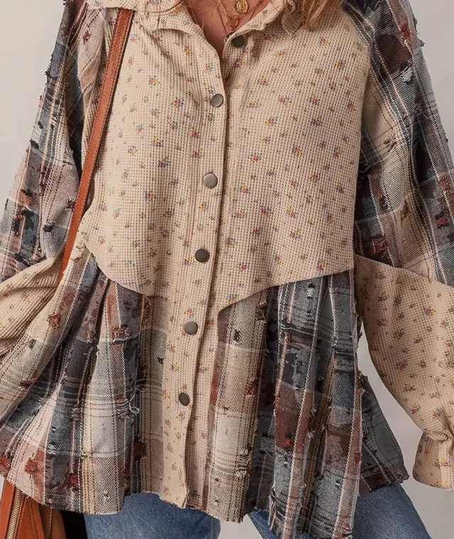 Oatmeal Bohemian Floral Plaid Top Blue - Shop at LoveMi