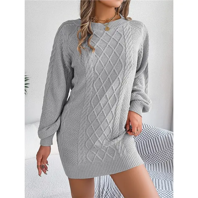 Twist Fitted Waist Lantern Long Sleeve Sweater Dress Gray Grey - Shop at LoveMi