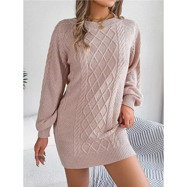 Twist Fitted Waist Lantern Long Sleeve Sweater Dress Pink - Shop at LoveMi