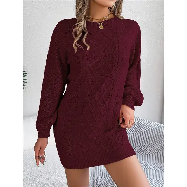 Twist Fitted Waist Lantern Long Sleeve Sweater Dress Wine Red - Shop at LoveMi