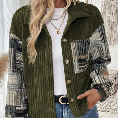 Jungle Green Ribbed Fleece Plaid Print Patchwork Button Up Jacket Jungle Green - Shop at LoveMi