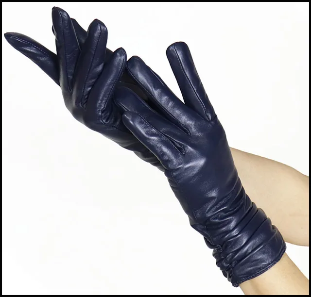High end Women's Sheepskin Gloves Leather Extended Dark Blue - Shop at LoveMi