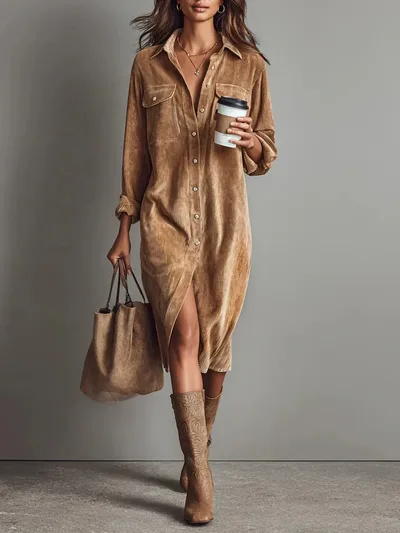 Turn Down Collar Buttons Chic Casual Dress, Women Spring Autumn Solid Simple Party Dress, Long Sleeve Holiday Ladies Dress Brown - Shop at LoveMi