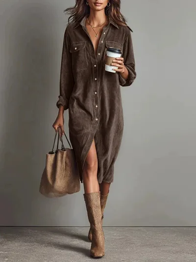 Turn Down Collar Buttons Chic Casual Dress, Women Spring Autumn Solid Simple Party Dress, Long Sleeve Holiday Ladies Dress Coffee A - Shop at LoveMi