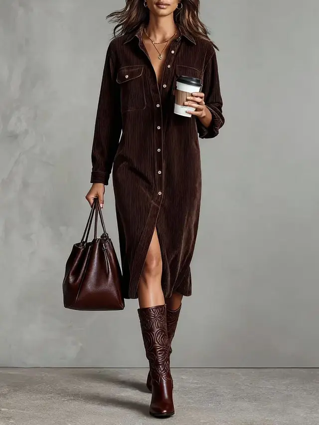 Turn Down Collar Buttons Chic Casual Dress, Women Spring Autumn Solid Simple Party Dress, Long Sleeve Holiday Ladies Dress Coffee - Shop at LoveMi