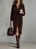 Turn-Down Collar Buttons Chic Casual Dress, Women Spring Autumn Solid Simple Party Dress, Long Sleeve Holiday Ladies Dress - Coffee